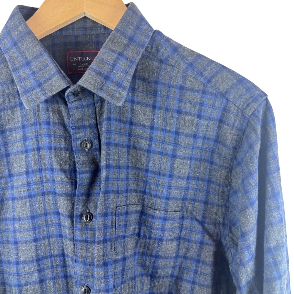 UNTUCKit Macari Shirt Mens Large Blue Grey Plaid Cotton Flannel Button Down